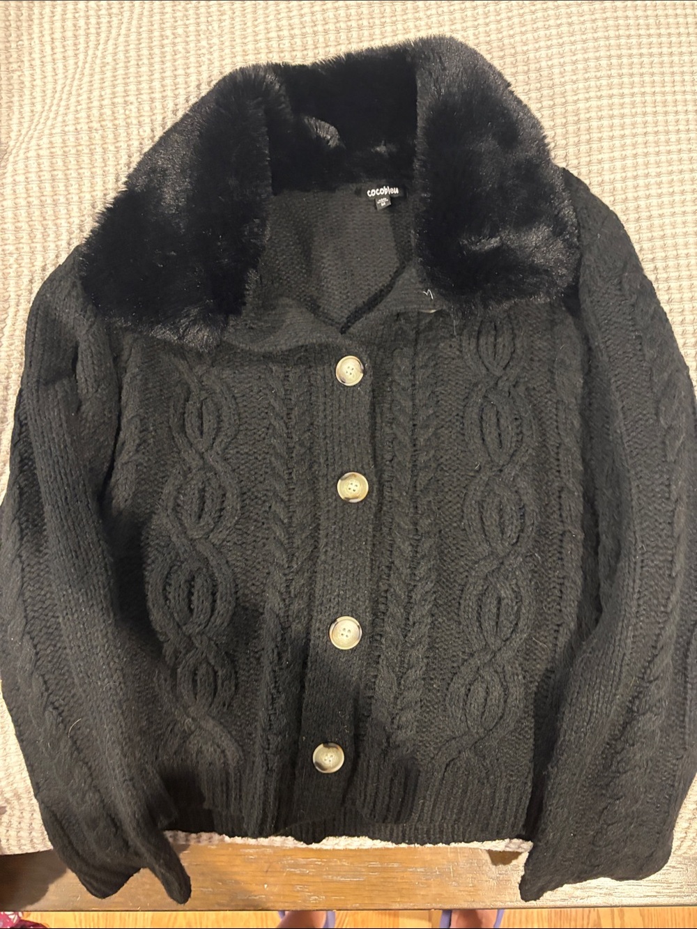 Black Cable-Knit Cardigan with Faux-Fur Collar by Cocoville